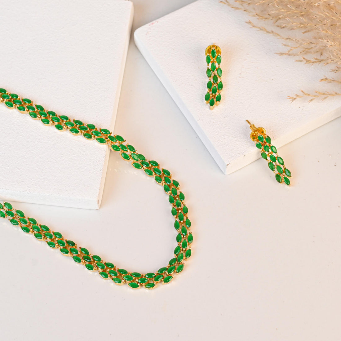 Green Gemstone Necklace and Earrings Set | Gold Plated Marquise Cut Emerald Necklace |Wedding Necklace  | Statement Necklace  | Gift For Her — 2