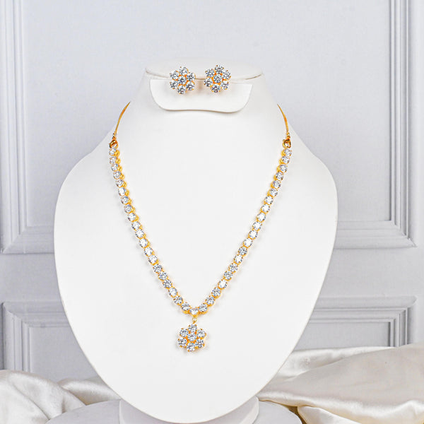 White CZ Diamond Necklace Set | Gold Plated Bridal Jewelry | Gift For Wife | Floral Necklace with Stud Earrings |  Wedding Set