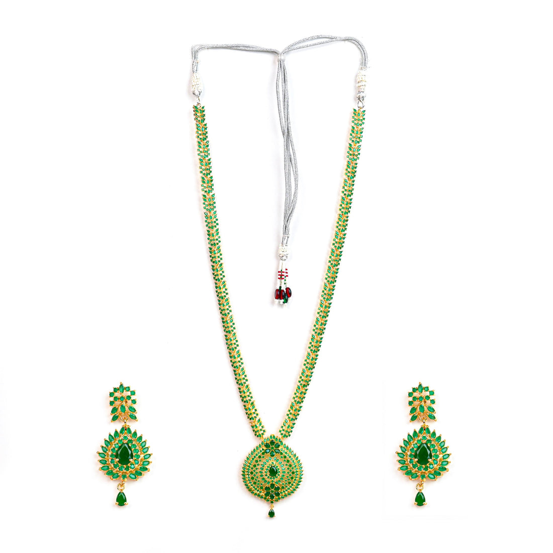 Emerald Green Long Necklace Set | Gold Plated Indian Jewelry | Statement Necklace with Earrings | Bridal Temple Jewelry — 3