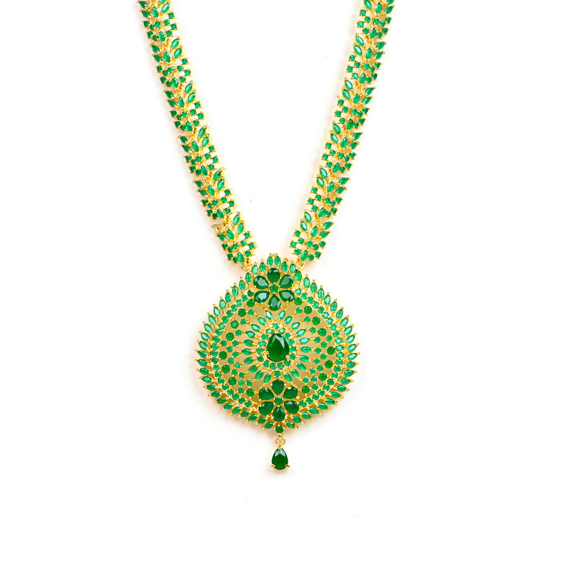Emerald Green Long Necklace Set | Gold Plated Indian Jewelry | Statement Necklace with Earrings | Bridal Temple Jewelry — 4