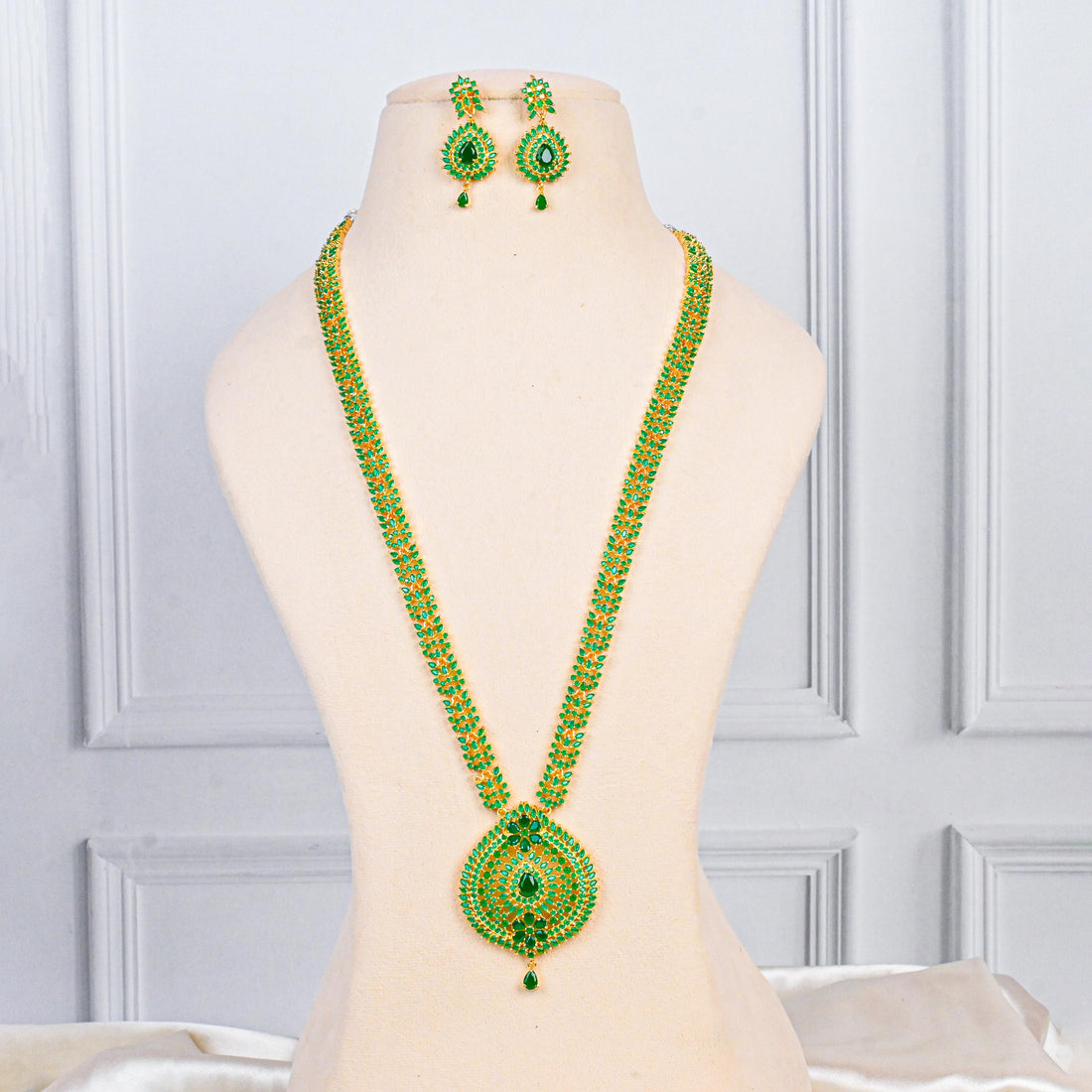 Emerald Green Long Necklace Set | Gold Plated Indian Jewelry | Statement Necklace with Earrings | Bridal Temple Jewelry