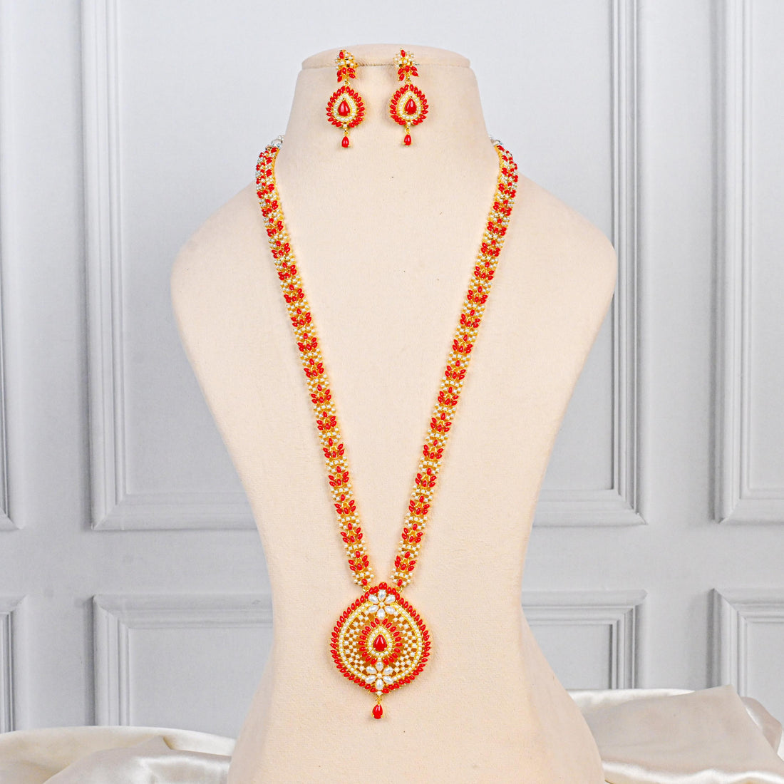 Coral and Pearl Long Necklace Set | Gold Plated Indian Jewelry | Wedding Jewelry Set | Traditional Bridal Jewelry Gift