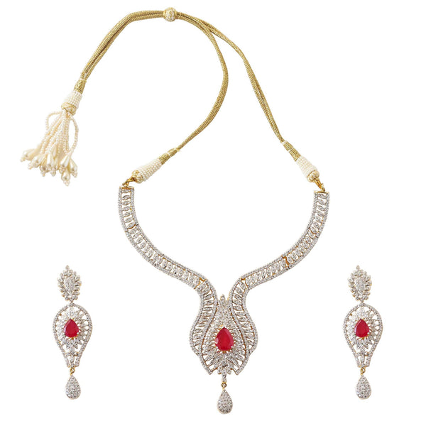 Ruby CZ Diamond Necklace Set | Bridal Wedding Jewelry | Sparkling Cubic Zirconia Necklace and Earrings | Gift For Her