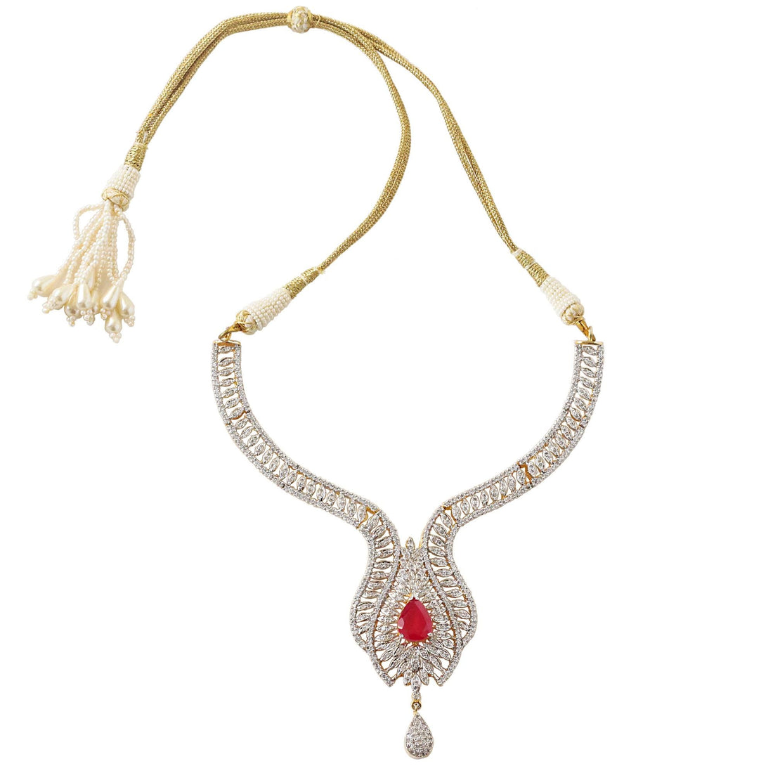 Ruby CZ Diamond Necklace Set | Bridal Wedding Jewelry | Sparkling Cubic Zirconia Necklace and Earrings | Gift For Her — 4