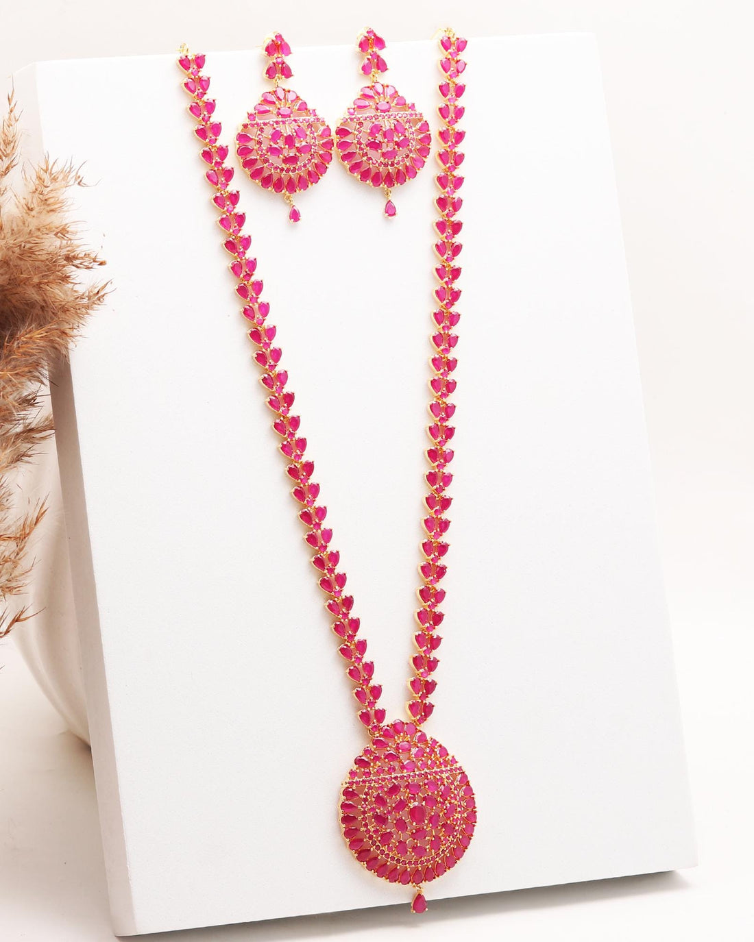 22k Gold Plated Ruby Long Haram Necklace Set | South Indian Bridal Jewelry | Ethnic Wedding Statement Necklace Earrings | Gift For Her — 3