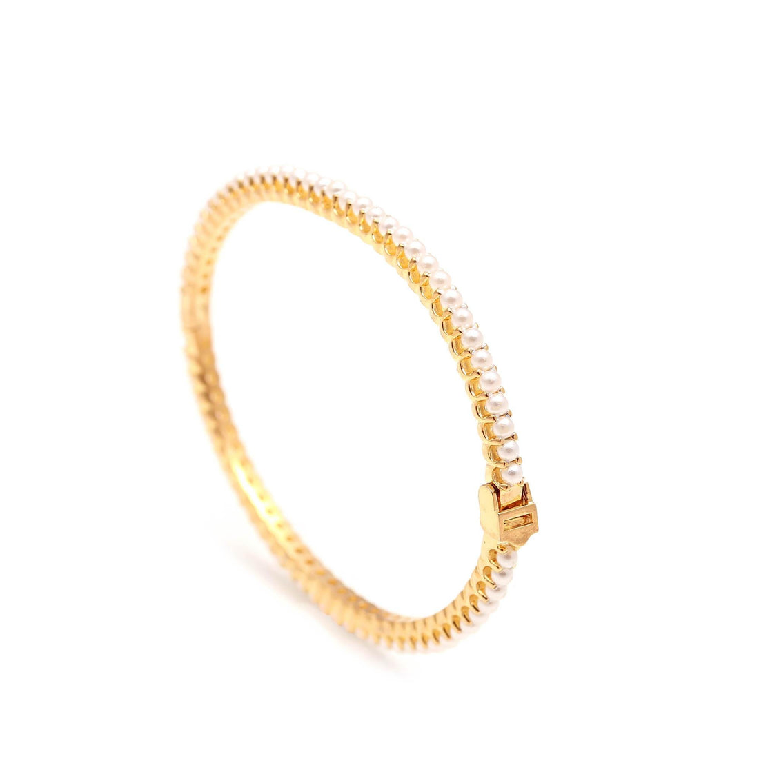 Gold Plated Freshwater Pearl Tennis Bracelet: Openable Bangle Bracelet handcrafted Jewelry — 3