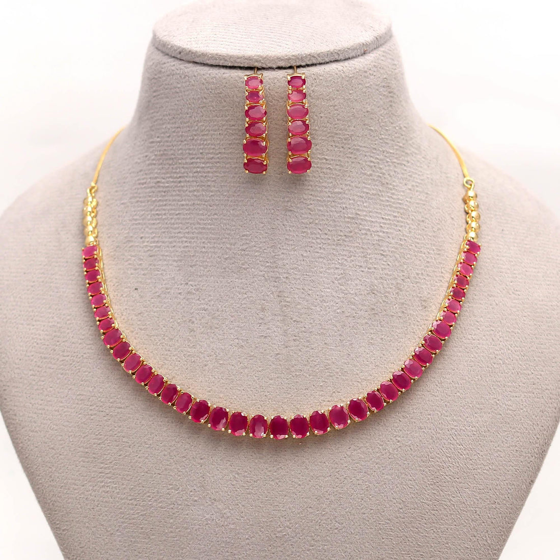 Ruby Tennis 22K Gold Plated Necklace Set | Elegant Party Wear Necklace | Bridal Wedding Jewelry | Festive Necklace |  Gift for Her — 3