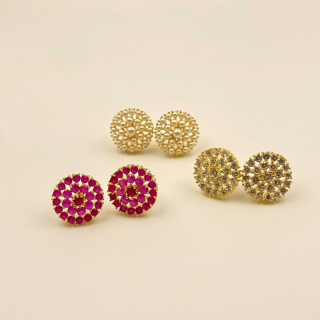 Round Stud Earrings Set | Pearl, Ruby & CZ Stone Earrings | Gold Plated Handmade Gemstone Jewelry