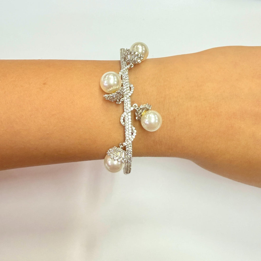 White Pearl Gemstone Bangle |  Handcrafted Silver | Bangle with Round White Stone Bracelet for Women | Gift for her — 6