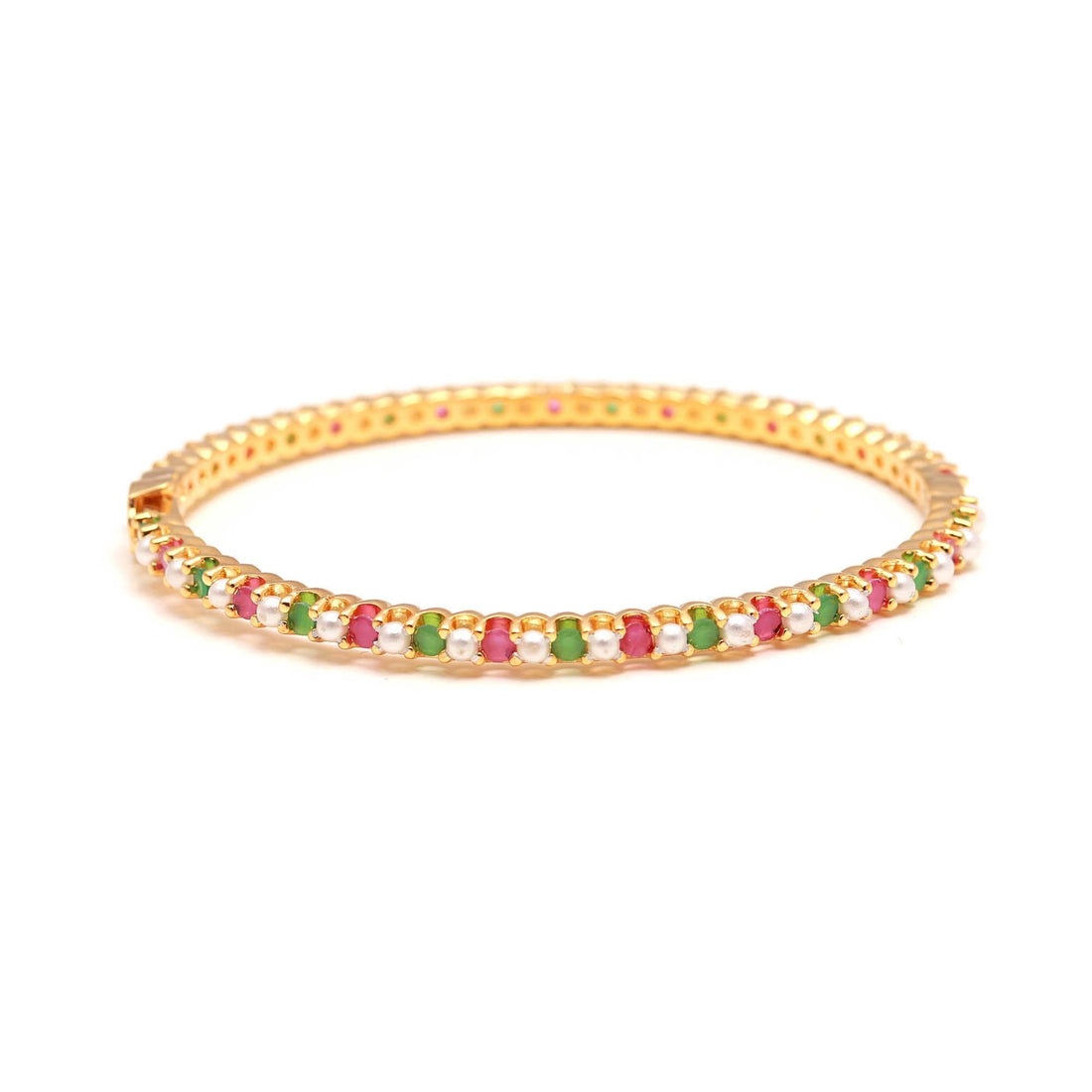 Gold Plated Ruby, Emerald, White Freshwater Pearl Tennis Bracelet: Openable Multi Gemstones Bangle Bracelet handcrafted Jewelry — 4