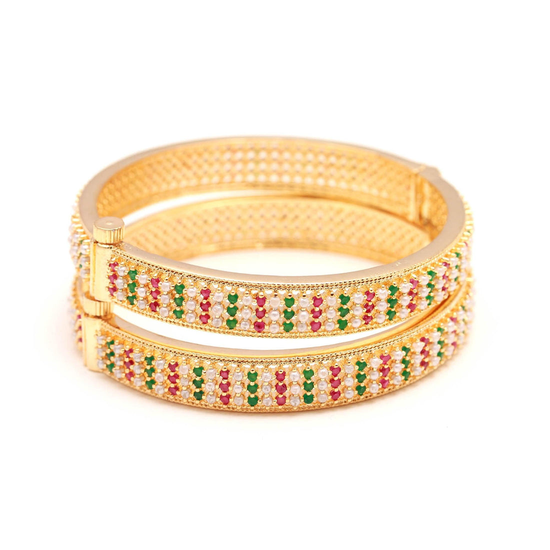 Handmade Ruby, Emerald Pearl Bangles Set | 22K Gold Plated Indian Jewelry | Elegant Multi Gemstone | Traditional Ethnic Bridal Bangle — 2