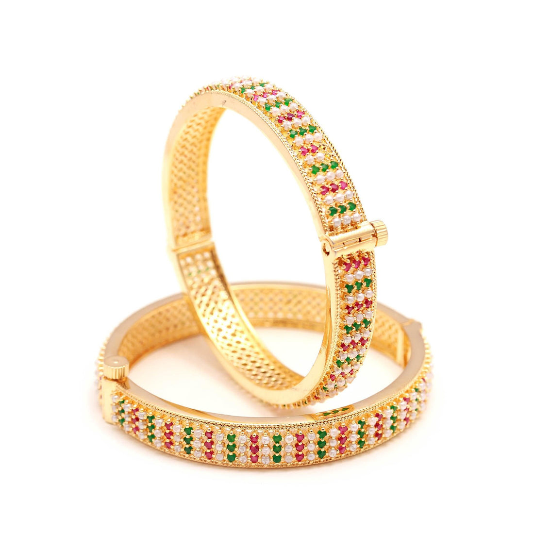 Handmade Ruby, Emerald Pearl Bangles Set | 22K Gold Plated Indian Jewelry | Elegant Multi Gemstone | Traditional Ethnic Bridal Bangle — 4
