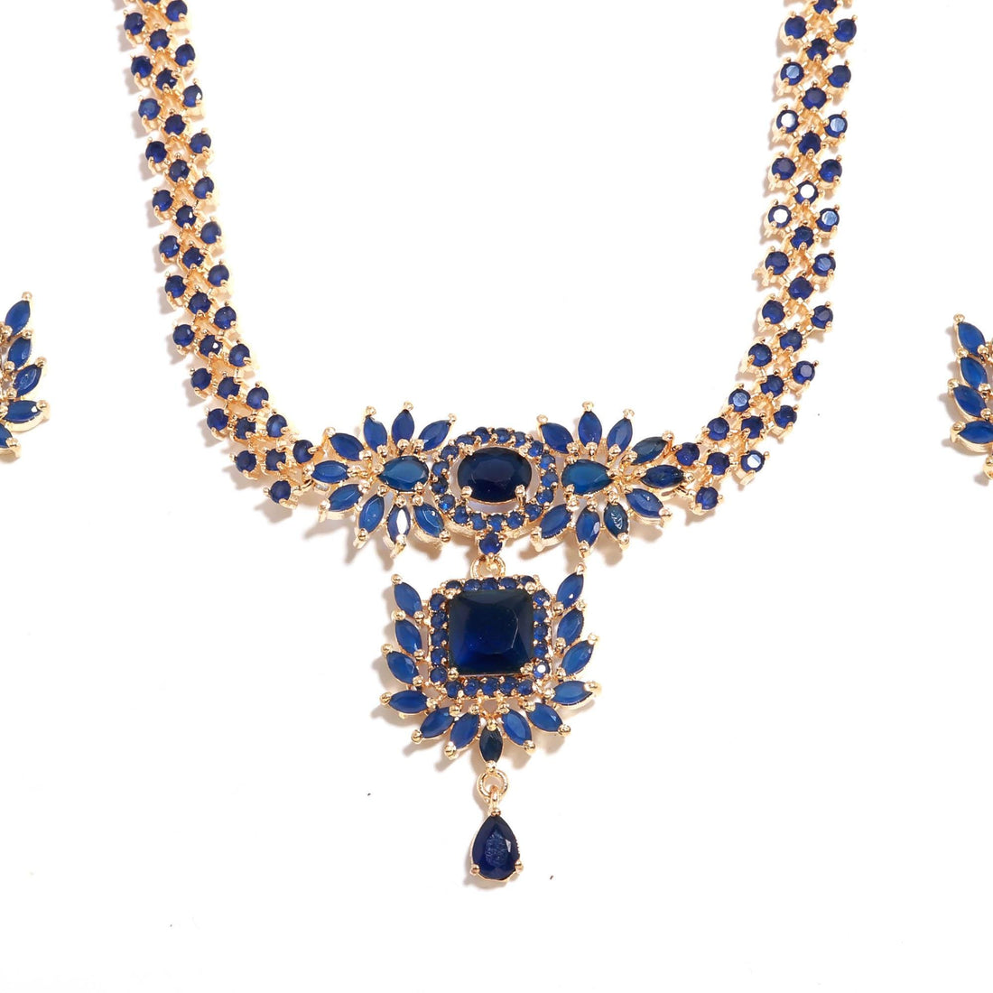 22k Gold Plated Long Blue Sapphire Necklace Set | South Indian Haram Bollywood Jewelry | Bride Blue South Indian necklace — 2