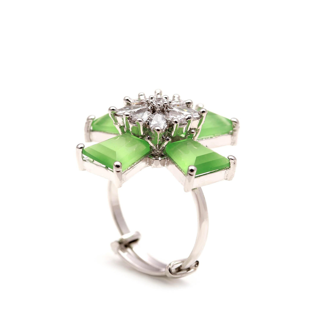 14k White Gold Plated Cross Ring: Simulated Emerald, Ruby, Peridot — 7