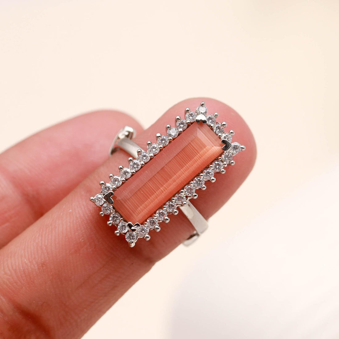 Halo Baguette Stone Women's Ring |Long Rectangular Gemstone Ring | Stacking Statement Ring | Modern Minimalist Jewelry |  Gift for Her — 2
