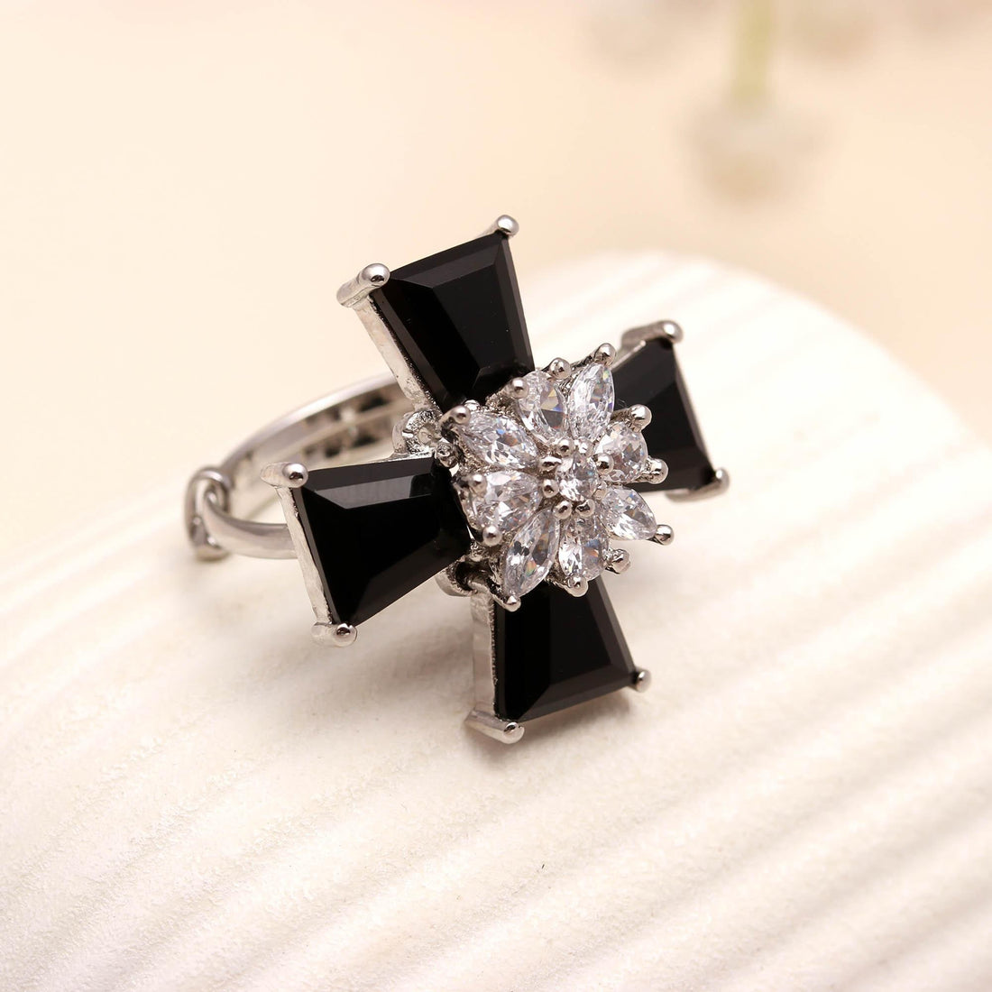 14k White Gold Plated Cross Black Onyx Ring – Modern Faith-Inspired Design | Minimal Ring | Black onyx Ring | Gift For Her | Fashion Jewelry