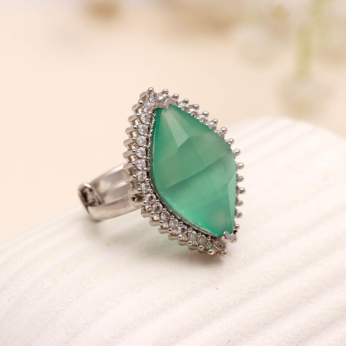 Marquise Green Gemstone Ring | Silver Plated CZ Halo Ring | Statement Cocktail Ring | Elegant Fashion Jewelry Gift for Her | Wedding Band