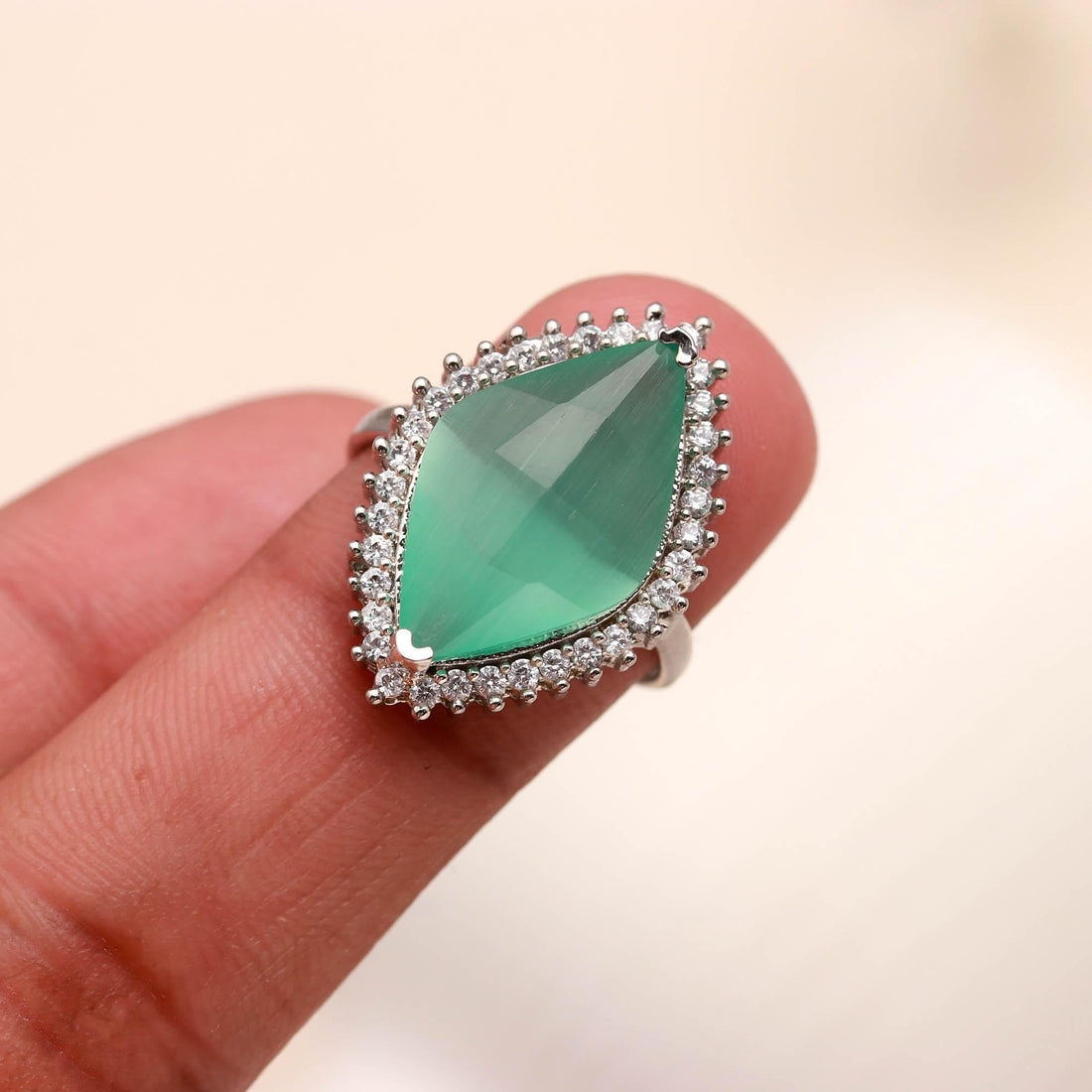 Marquise Green Gemstone Ring | Silver Plated CZ Halo Ring | Statement Cocktail Ring | Elegant Fashion Jewelry Gift for Her | Wedding Band — 2