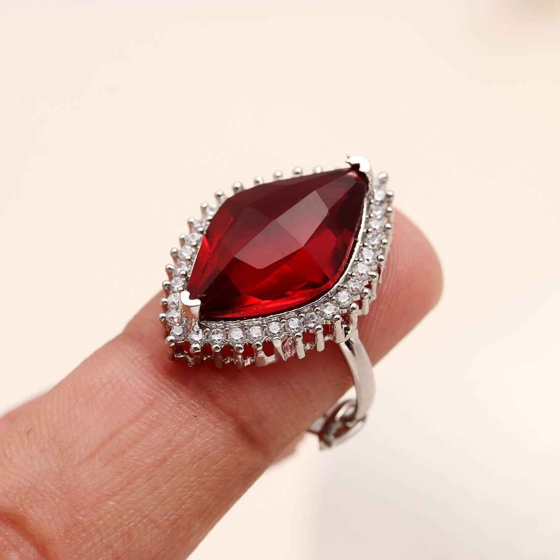 Marquise Cut CZ Halo Silver Ring | Bold Gemstone Statement Ring for Women | Silver Marquise Stone Ring — 4
