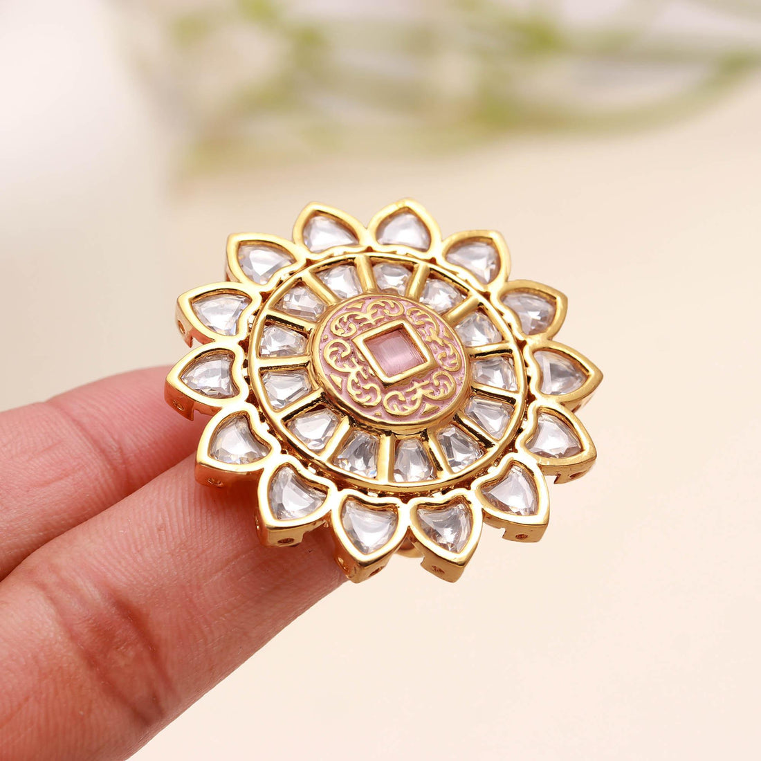 Gold Plated Polki Ring for Women | Adjustable Kundan Statement Ring | Indian Bridal Jewelry | Cocktail Ring | Festive Ring | Gift For Her — 4