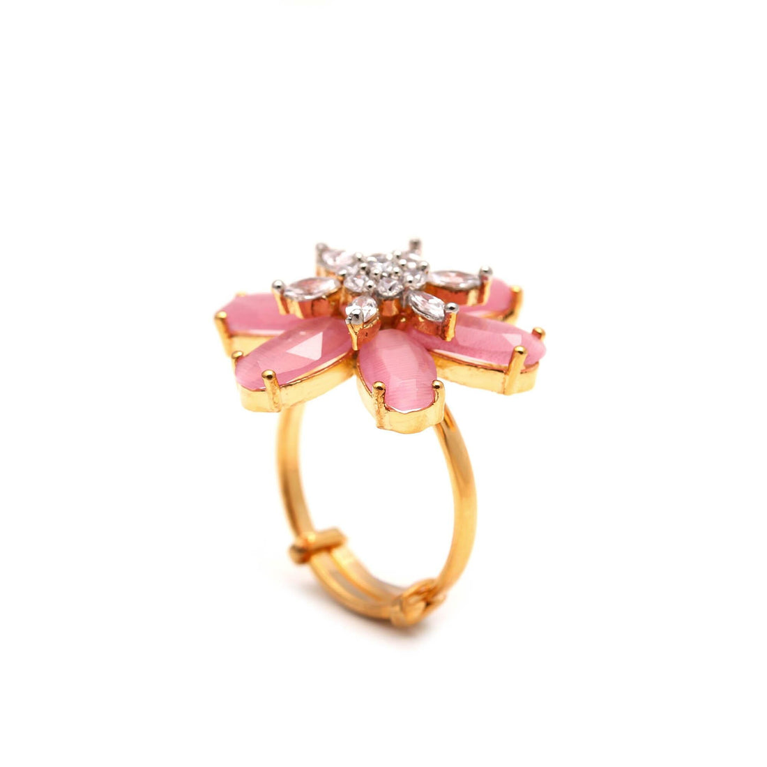 Pink Floral Ring | Gold Plated Adjustable Ring | Crystal Center | Engagement Ring | Wedding Ring | Bridal Ring | Traditional Jewelry — 3