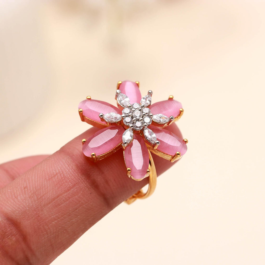 Pink Floral Ring | Gold Plated Adjustable Ring | Crystal Center | Engagement Ring | Wedding Ring | Bridal Ring | Traditional Jewelry — 4
