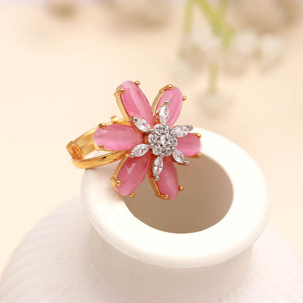 Pink Floral Ring | Gold Plated Adjustable Ring | Crystal Center | Engagement Ring | Wedding Ring | Bridal Ring | Traditional Jewelry