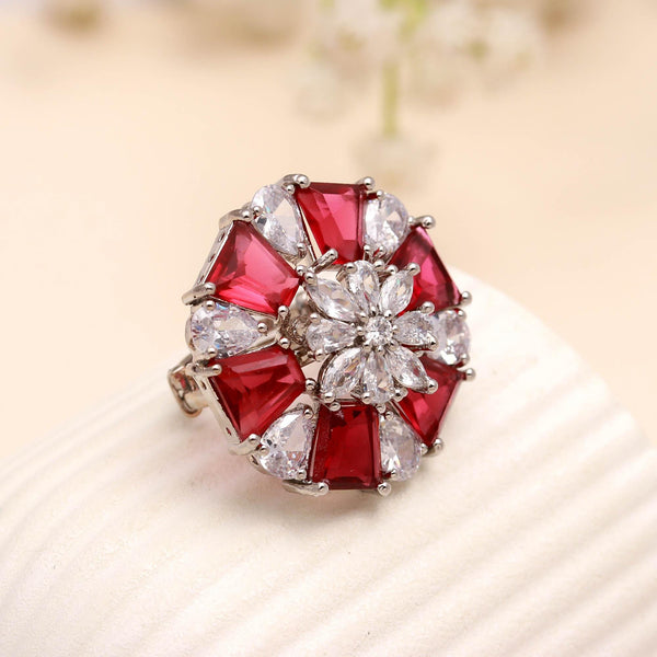 Red and White Crystal Statement Ring | Floral Cocktail Ring | Adjustable Silver Tone Ring | Party Jewelry | Red Flower Ring | Gift For Her