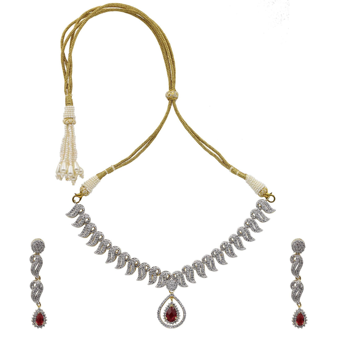 Ruby CZ Diamond Necklace Set | Gold Plated Bridal Jewelry Set | Red Stone Choker with Earrings | Indian Wedding Jewelry