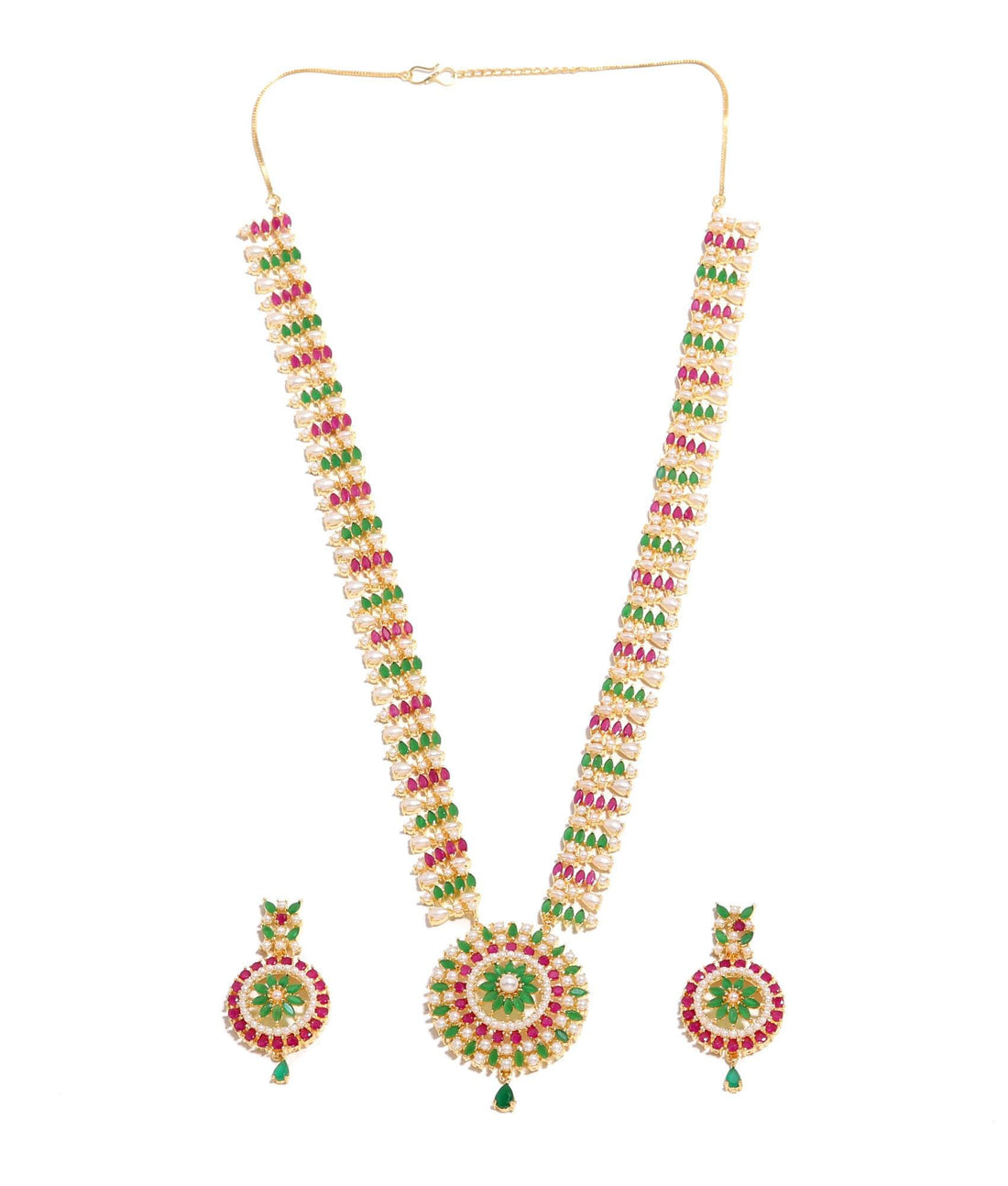 22k Gold Plated Pink Green Indian Long Necklace Set | Kundan Pearl Necklace & Earrings | Traditional Bridal Jewelry | Ethnic Jewelry Set — 3