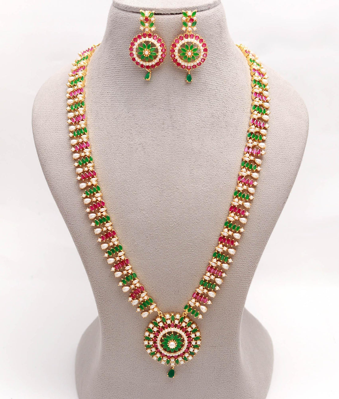 22k Gold Plated Pink Green Indian Long Necklace Set | Kundan Pearl Necklace & Earrings | Traditional Bridal Jewelry | Ethnic Jewelry Set — 2