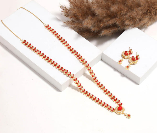 22K Gold Plated Coral Long Necklace Set | Traditional Indian Jewelry | Red Beaded Bridal Haar |Wedding Necklace with Earrings |Gift For Her