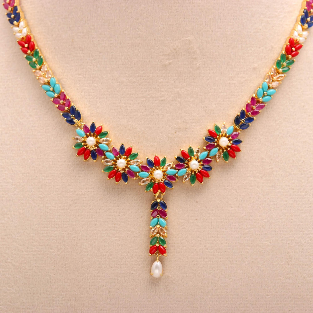 Gold Plated Multicolor Indian Necklace Set | Ruby Emerald Pearl Floral Jewelry | Traditional Bridal Jewelry Set |Festive Ethnic Necklace Set — 3