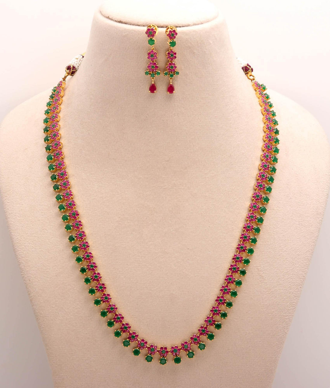 Gold Plated Long Indian Necklace Set |Stone Floral Jewelry | Traditional Ethnic Necklace & Earrings | Bridal - Festive Jewelry |Gift For Her — 2