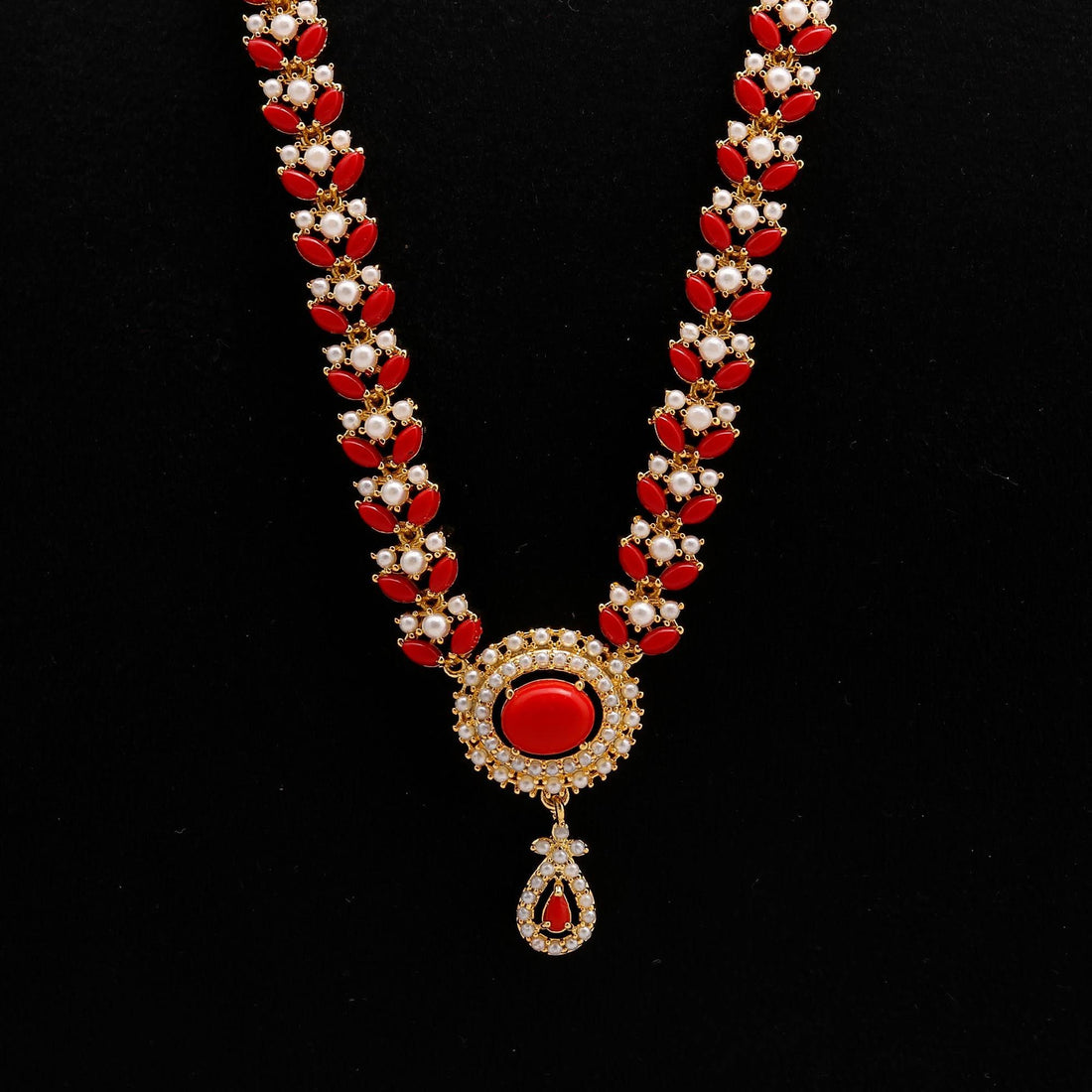 22K Gold Plated Coral Long Necklace Set | Traditional Indian Jewelry | Red Beaded Bridal Haar |Wedding Necklace with Earrings |Gift For Her — 5