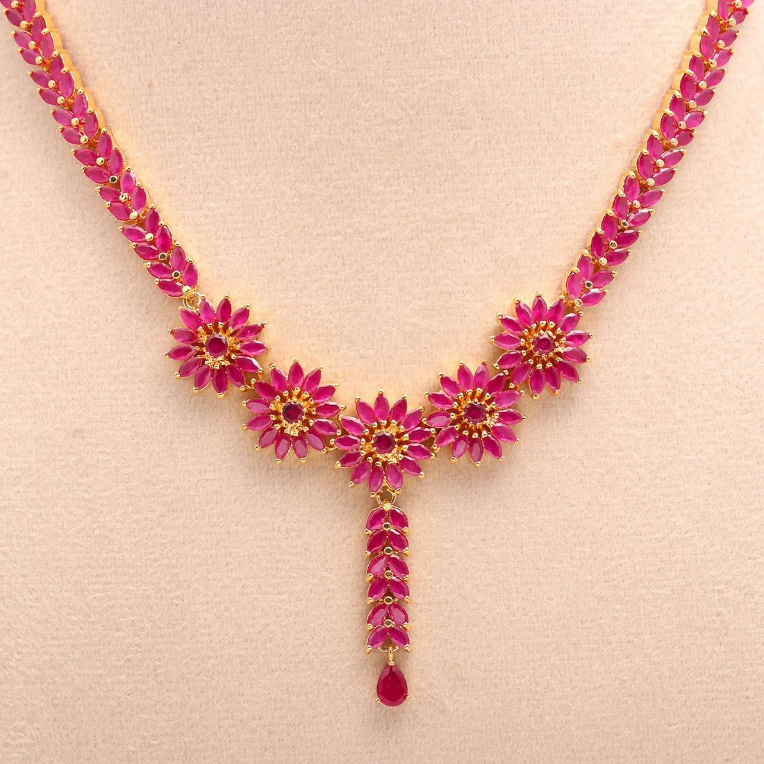 Long Premium Ruby Red Floral Necklace Set | Gold Plated Jewelry | Chic Bride Dress Necklace set| Y Statement Necklace — 5