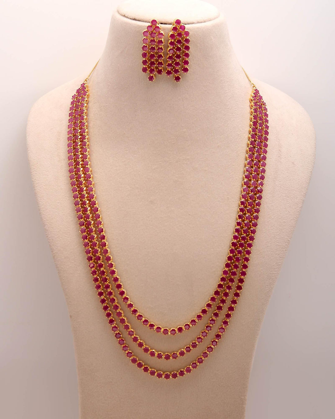 Ruby 3-Layer Necklace Set | 22K Gold Plated Jewelry |Indian Bridal Necklace | Long Layered Ruby Mala | Festive Wedding Jewelry | Gift Idea