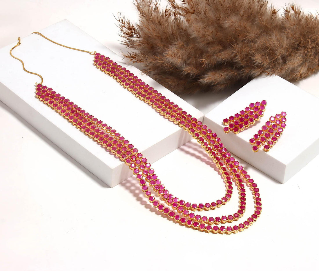 Ruby 3-Layer Necklace Set | 22K Gold Plated Jewelry |Indian Bridal Necklace | Long Layered Ruby Mala | Festive Wedding Jewelry | Gift Idea — 2