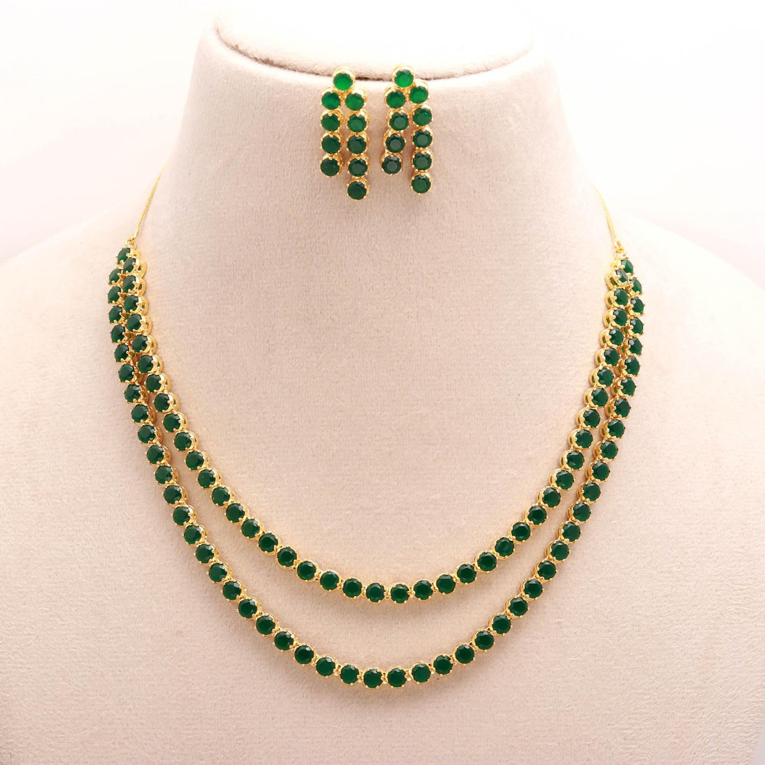 Emerald Layered Tennis Necklace Set | 22K Gold Plated Green Stone Jewelry | Long Necklace with Earrings | Indian Bridal & Festive Jewelry
