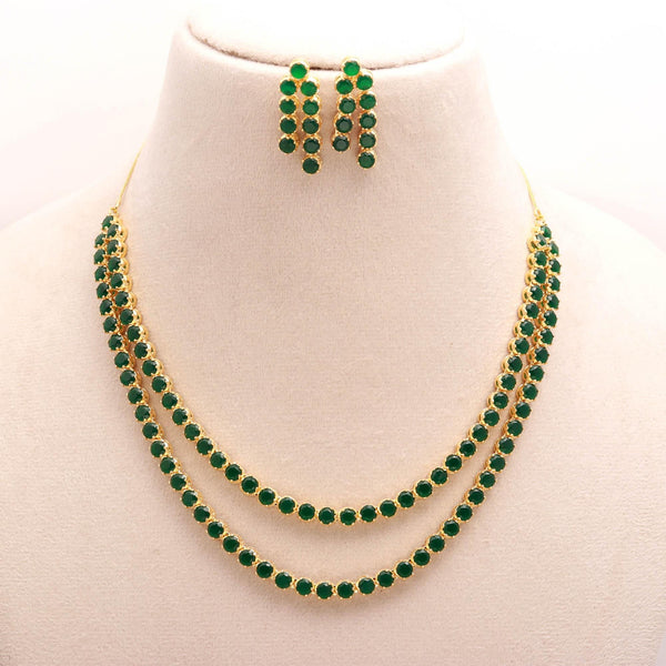 Emerald Layered Tennis Necklace Set | 22K Gold Plated Green Stone Jewelry | Long Necklace with Earrings | Indian Bridal & Festive Jewelry