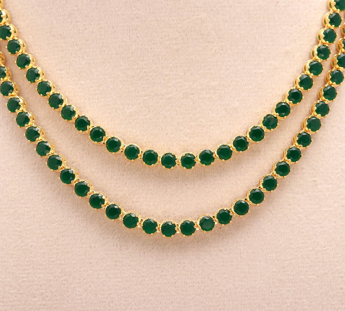 Emerald Layered Tennis Necklace Set | 22K Gold Plated Green Stone Jewelry | Long Necklace with Earrings | Indian Bridal & Festive Jewelry — 3