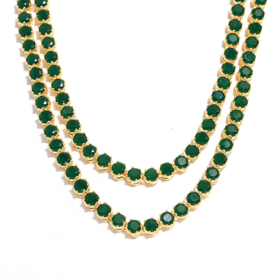 Emerald Layered Tennis Necklace Set | 22K Gold Plated Green Stone Jewelry | Long Necklace with Earrings | Indian Bridal & Festive Jewelry — 5