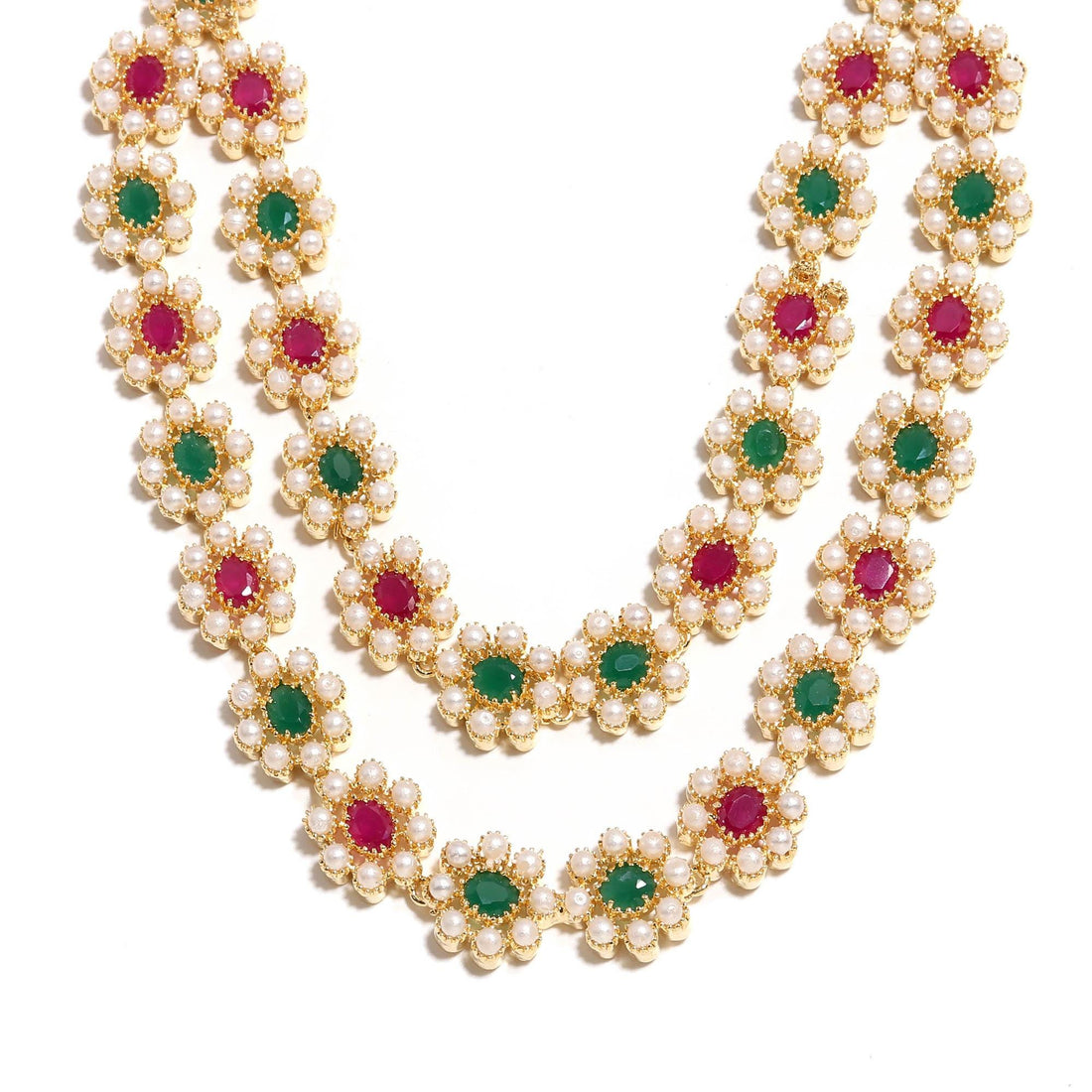 22K Gold-Plated Multi gem Indian Layered Necklace Set with Ruby, Emerald & Pearl | Traditional South Indian Layered Necklace Set — 4