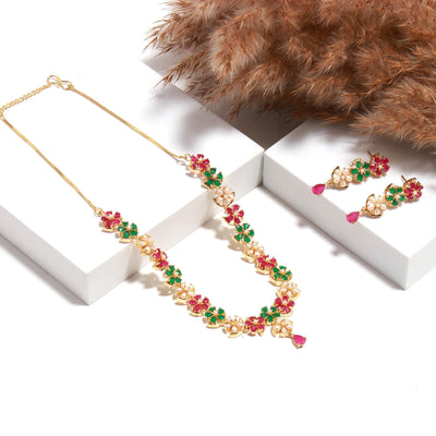 22K Gold Plated Multi Necklace Set | Emerald Ruby Pearl Floral Bridal Wedding Jewelry | Statement Necklace & Earrings | Gift for Women