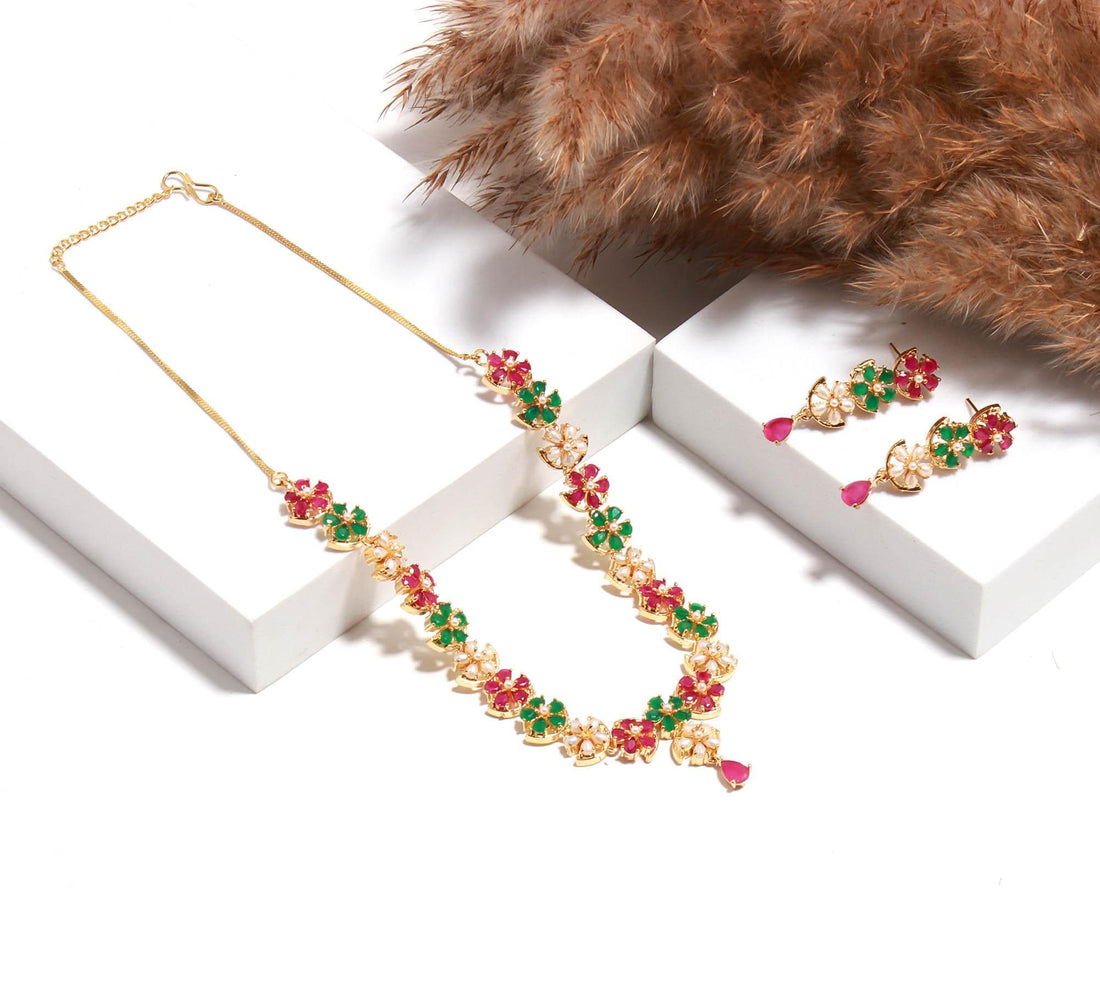 22K Gold Plated Multi Necklace Set | Emerald Ruby Pearl Floral Bridal Wedding Jewelry | Statement Necklace & Earrings | Gift for Women