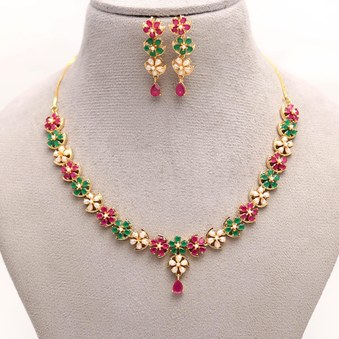 22K Gold Plated Multi Necklace Set | Emerald Ruby Pearl Floral Bridal Wedding Jewelry | Statement Necklace & Earrings | Gift for Women — 2