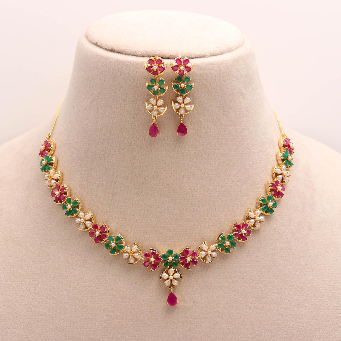 22K Gold Plated Multi Necklace Set | Emerald Ruby Pearl Floral Bridal Wedding Jewelry | Statement Necklace & Earrings | Gift for Women — 5