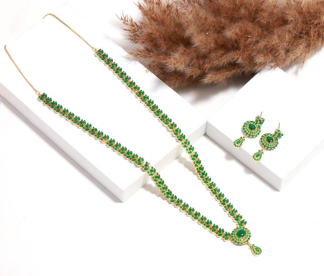 Emerald Long Necklace Set – 22K Gold Plated Green Stone Jewelry |Indian Wedding Necklace & Earrings | Haram Necklace |Festive Ethnic Jewelry