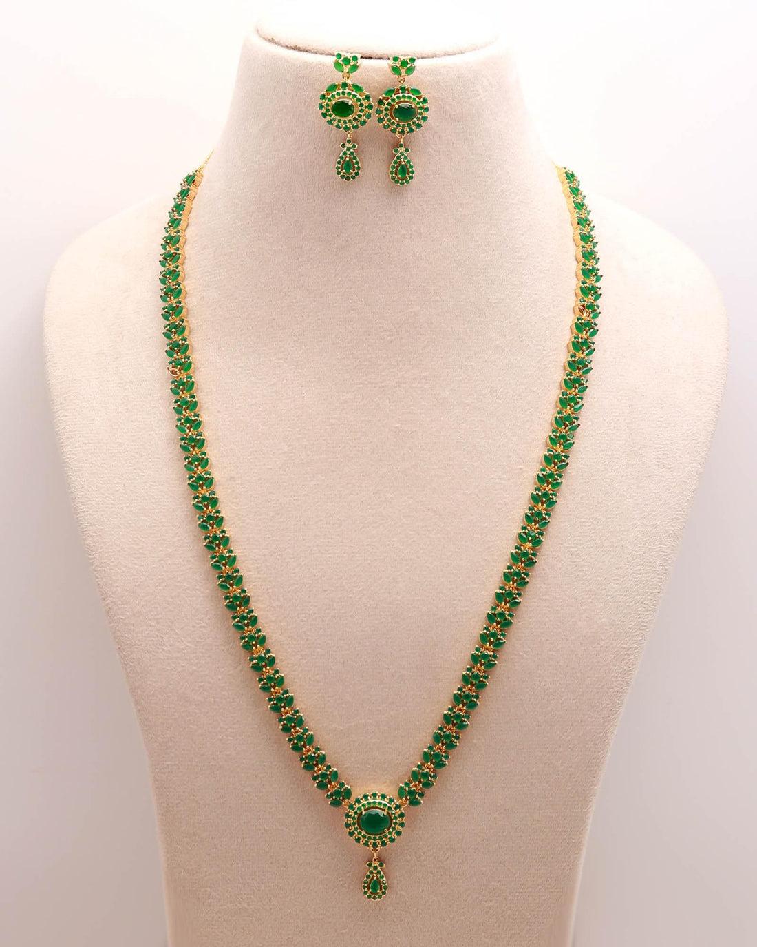 Emerald Long Necklace Set – 22K Gold Plated Green Stone Jewelry |Indian Wedding Necklace & Earrings | Haram Necklace |Festive Ethnic Jewelry — 5