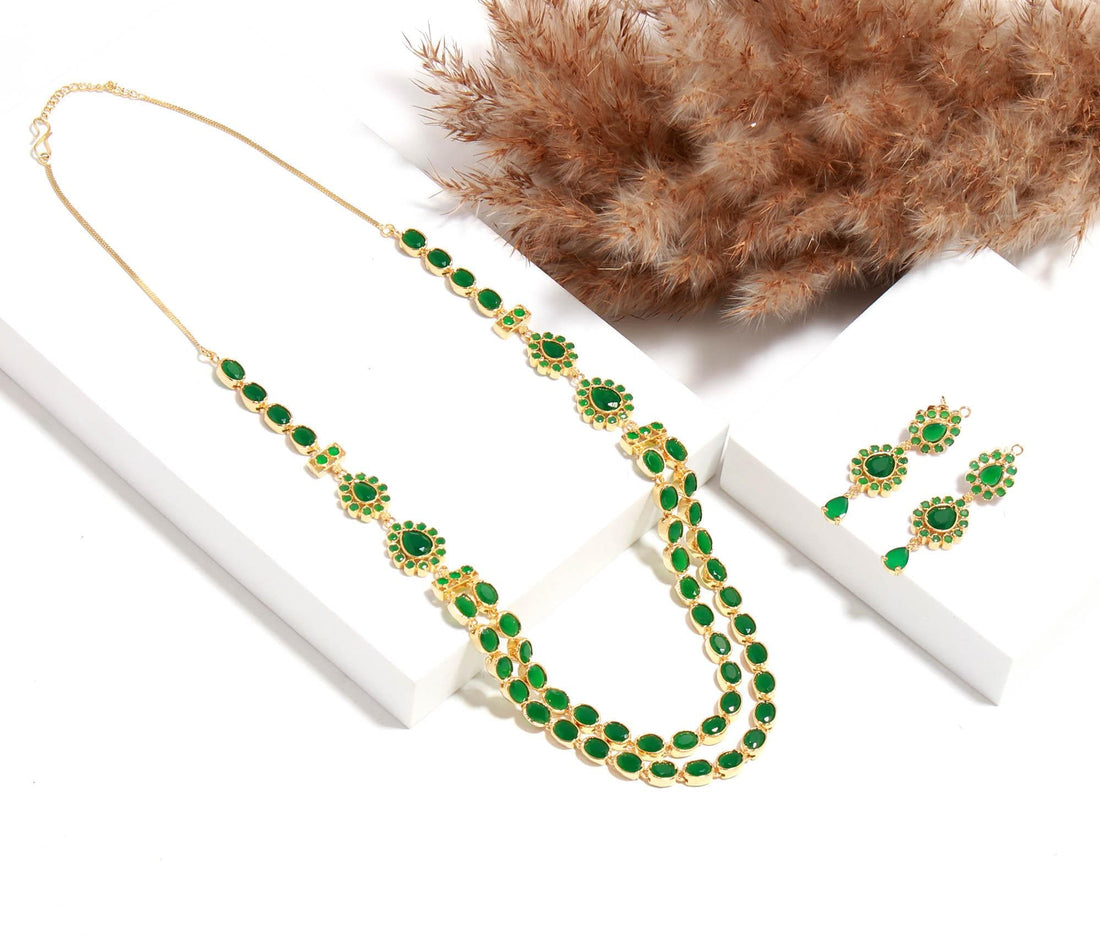 22K Gold Layer Emerald Long Necklace | Layered Necklace |Dainty Gold Layering Jewelry | Emerald Beaded Necklace Set| Minimalist Gift for Her — 2